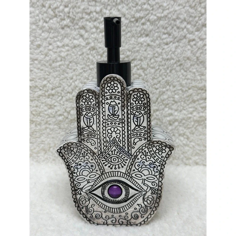 Hamsa Pump Soap Dispenser White Black Evil Eye Boho Decor Hand of Fatima